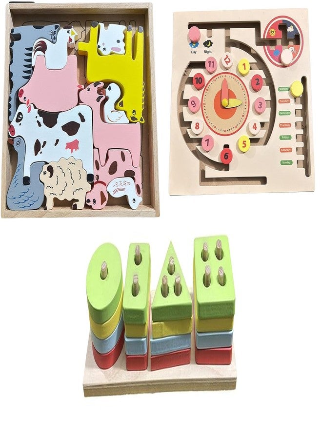 Kinder Creative 3D Domestic Animals Stacking Puzzle,Maze Game Weather Calendar Clock Puzzle,Geometrical Column Blocks for Toddlers, Educational Puzzle and Toys for Kids Pack of 3 - Image 1